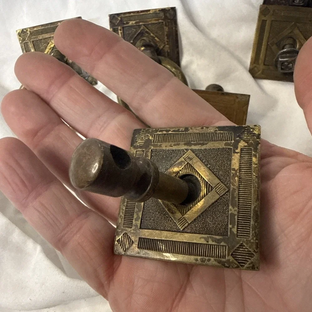 Vintage Lot Brass 6 Arts & Crafts drawer Square Ring pull Steampunk Boho Diamond